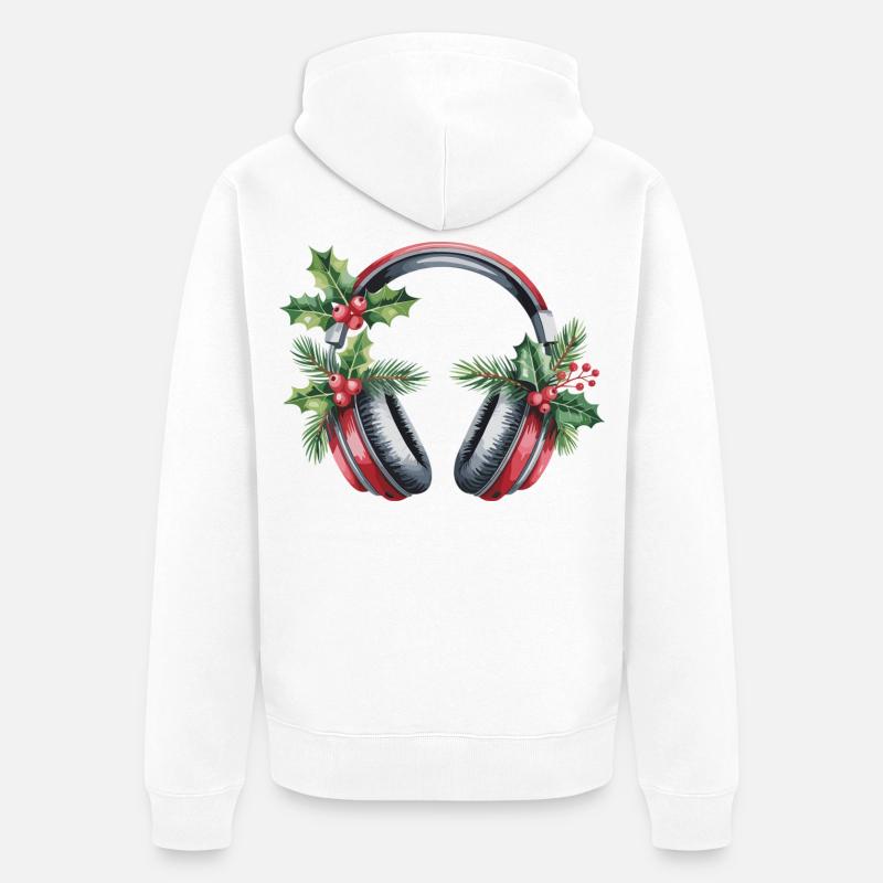 Weihnachtskopfhörer mit Tannengrün - Unisex Premium Bio Zip Hoodie - Weiß