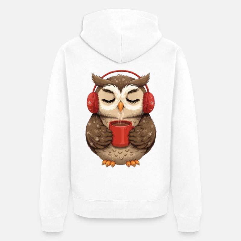 Hibou câlin avec écouteurs et café - Veste à capuche bio Premium Unisexe - blanc