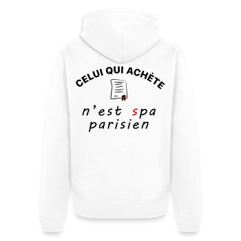 Celui_qui_achete_n-est_spa_parisien - Veste à capuche bio Premium Unisexe - blanc - Dos - Thijin (182cm)