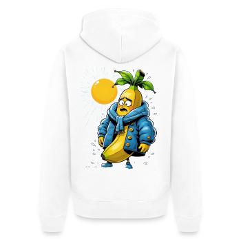 Banane in Winterjacke in der heissen Sonne - Unisex Premium Bio Zip Hoodie - Weiß - Hinten - Thijin (182cm)
