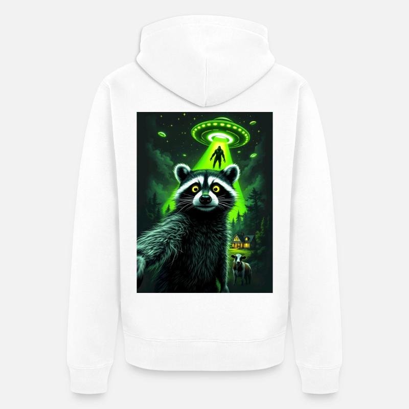 Waschbär UFO Überfall im Wald - Unisex Premium Bio Zip Hoodie - Weiß