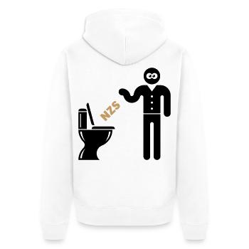 NZS In’s Klo, In Die Toilette! Gegen Rechts POS 2C - Unisex Premium Bio Zip Hoodie - Weiß - Hinten - Thijin (182cm)