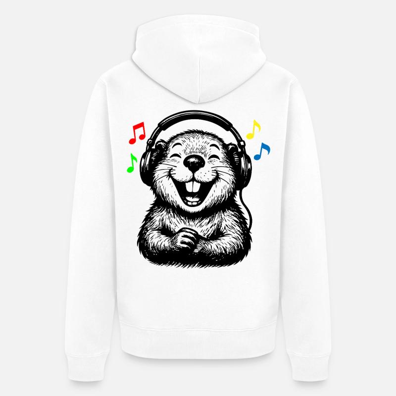 Happy Beaver avec casque Biber DJ Design - Veste à capuche bio Premium Unisexe - blanc