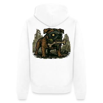 Gasmaske Bulldogge in Ruinenstadt - Unisex Premium Bio Zip Hoodie - Weiß - Hinten - Thijin (182cm)