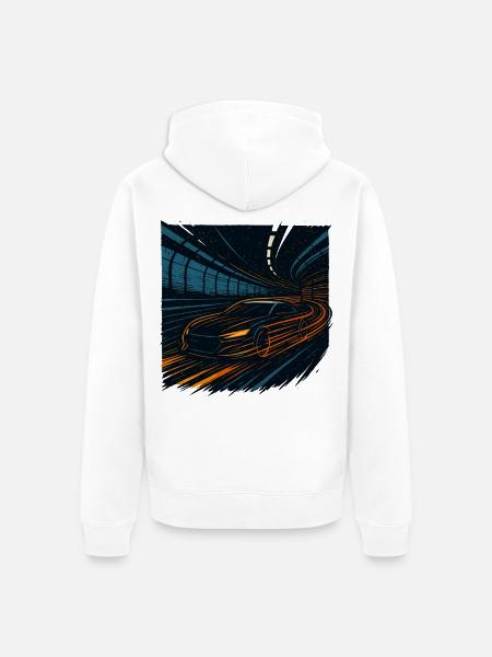Nocna jazda samochodem sportowym w tunelu Prędkość - Ekologiczna rozpinana bluza z kapturem Premium unisex - biały