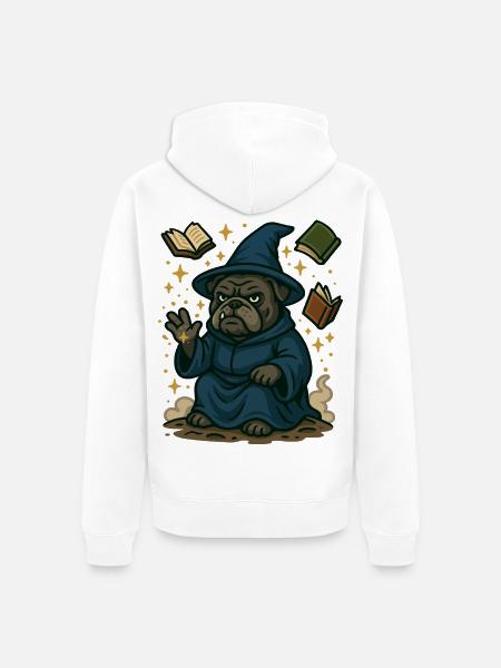 Bulldog Wizard Casting Magic Fantasy Cartoon - Unisex Premium Organic Zip Hoodie - white