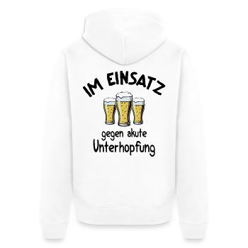 Bierspruch Im Einsatz gegen akute Unterhopfung - Unisex Premium Bio Zip Hoodie - Weiß - Hinten - Thijin (182cm)