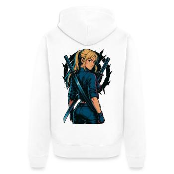 Kämpferin Samurai Zweikatanas Motiv - Unisex Premium Bio Zip Hoodie - Weiß - Hinten - Thijin (182cm)