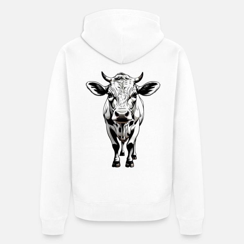Illustration monochrome de tête de vache - Veste à capuche bio Premium Unisexe - blanc