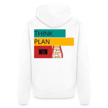 RÉFLÉCHIR · PLAN · WIN – T-shirt motivant - Veste à capuche bio Premium Unisexe - blanc - Dos - Thijin (182cm)