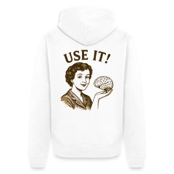 Utilise-le ! Femme vintage avec du cerveau - Veste à capuche bio Premium Unisexe - blanc - Dos - Thijin (182cm)