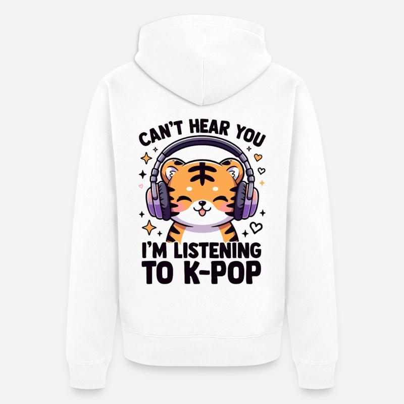 Kawaii K-Pop Tiger avec casque - Veste à capuche bio Premium Unisexe - blanc