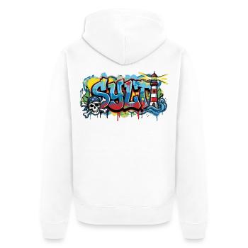 Sylt Graffiti mit Leuchtturm - Unisex Premium Bio Zip Hoodie - Weiß - Hinten - Thijin (182cm)
