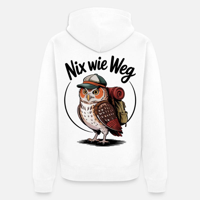 Waldwanderer Eule mit Rucksack - Unisex Premium Bio Zip Hoodie - Weiß