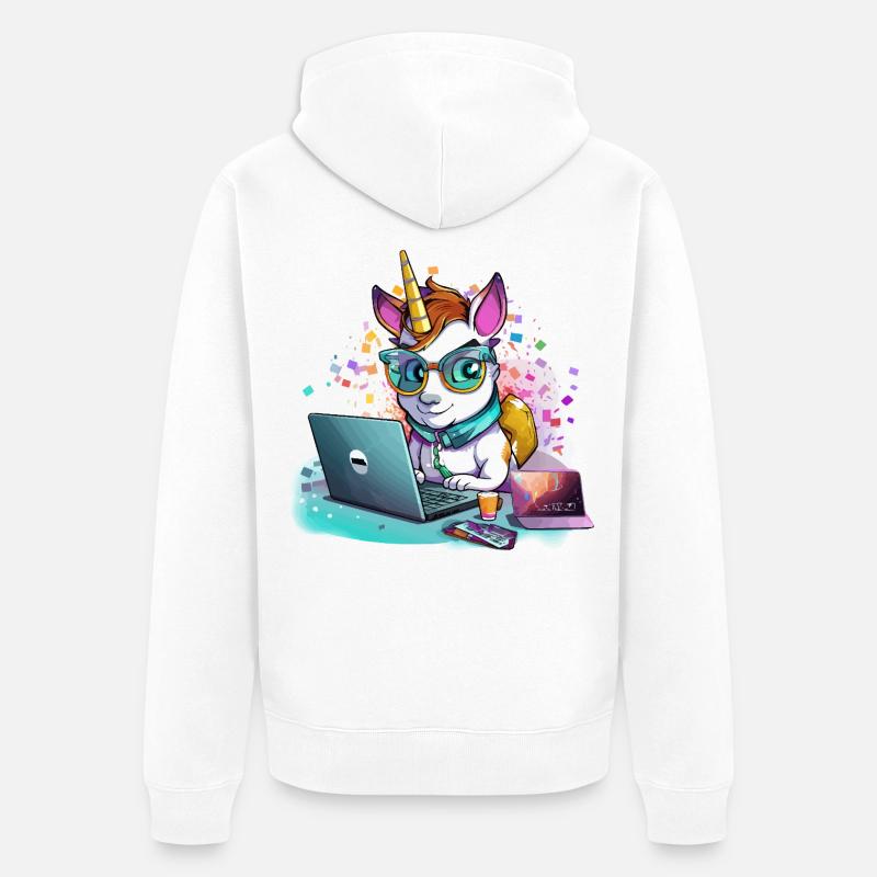 Licorne d’ordinateur portable avec lunettes et paillettes - Veste à capuche bio Premium Unisexe - blanc