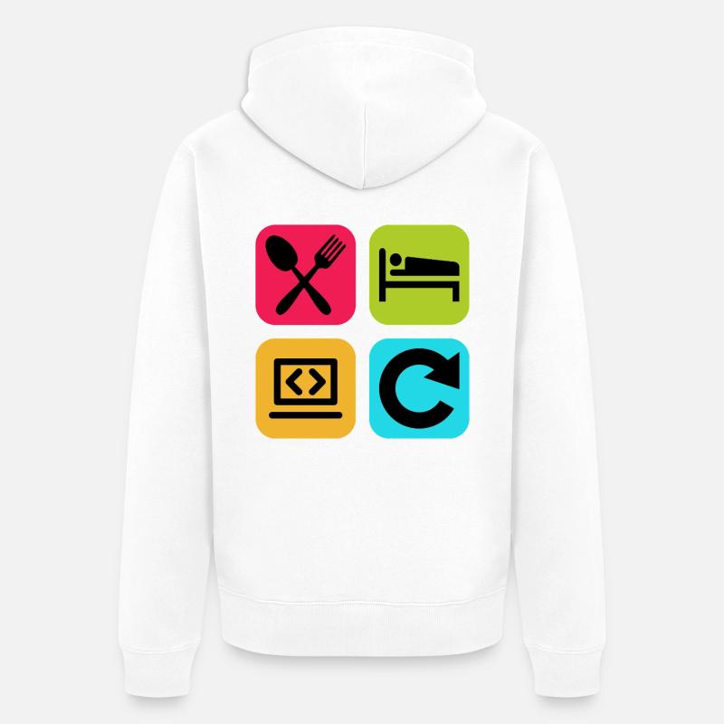 Essen, schlaf, Programm wiederholen, lustiger Zitatcode - Unisex Premium Bio Zip Hoodie - Weiß