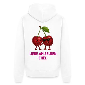 Kirschenpaar am selben Stiel - Unisex Premium Bio Zip Hoodie - Weiß - Hinten - Thijin (182cm)