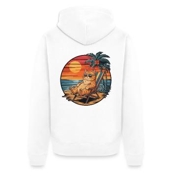 Chat drôle sur le coucher de soleil des vacances d’été sur la plage - Veste à capuche bio Premium Unisexe - blanc - Dos - Thijin (182cm)