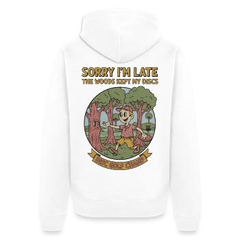 Désolé d’être en retard, Woods a gardé mes disques Disc Golf champion - Veste à capuche bio Premium Unisexe - blanc - Dos - Thijin (182cm)