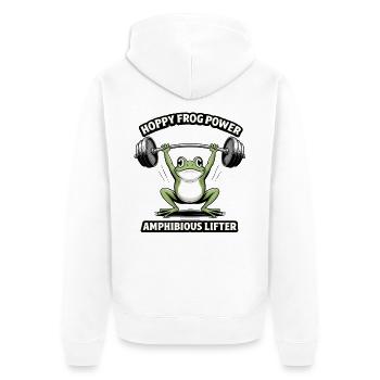 Hoppy Frog Power – Lustiger Fitness Frosch - Unisex Premium Bio Zip Hoodie - Weiß - Hinten - Thijin (182cm)