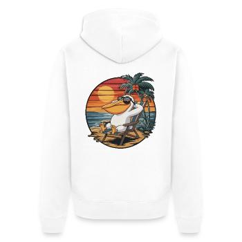 Lustiger Pelikan am Strand, Sommerurlaub Sonnenuntergang - Unisex Premium Bio Zip Hoodie - Weiß - Hinten - Thijin (182cm)