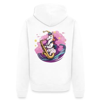 Saxophon-Einhorn im Nebelzauber - Unisex Premium Bio Zip Hoodie - Weiß - Hinten - Thijin (182cm)
