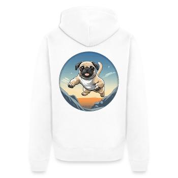 Pug Sprung über Berglandschaft - Unisex Premium Bio Zip Hoodie - Weiß - Hinten - Thijin (182cm)