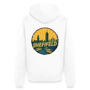 Sheffield City Skyline Vintage Straßenbahnabzeichen - Unisex Premium Bio Zip Hoodie - Weiß - Hinten - Thijin (182cm)