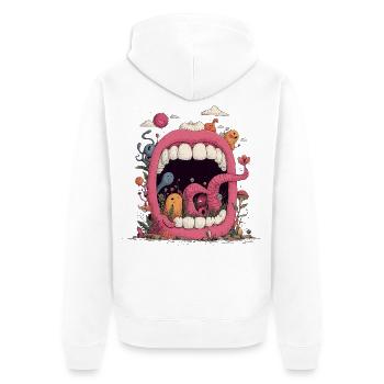 Pinke Mundwelt mit Kreaturen - Unisex Premium Bio Zip Hoodie - Weiß - Hinten - Thijin (182cm)
