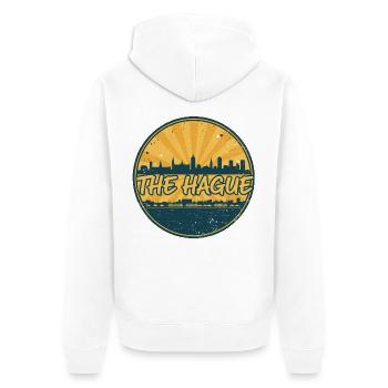Die Haager Stadtsilhouette Vintage-Abzeichenkunst - Unisex Premium Bio Zip Hoodie - Weiß - Hinten - Thijin (182cm)