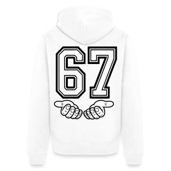 SIX SEVEN – 67 Nummer Meme im Retro Look - Unisex Premium Bio Zip Hoodie - Weiß - Hinten - Thijin (182cm)