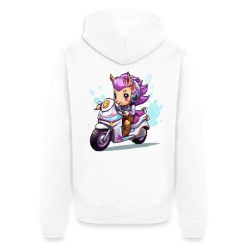 Chibi Motorradheldin - Unisex Premium Bio Zip Hoodie - Weiß - Hinten - Thijin (182cm)