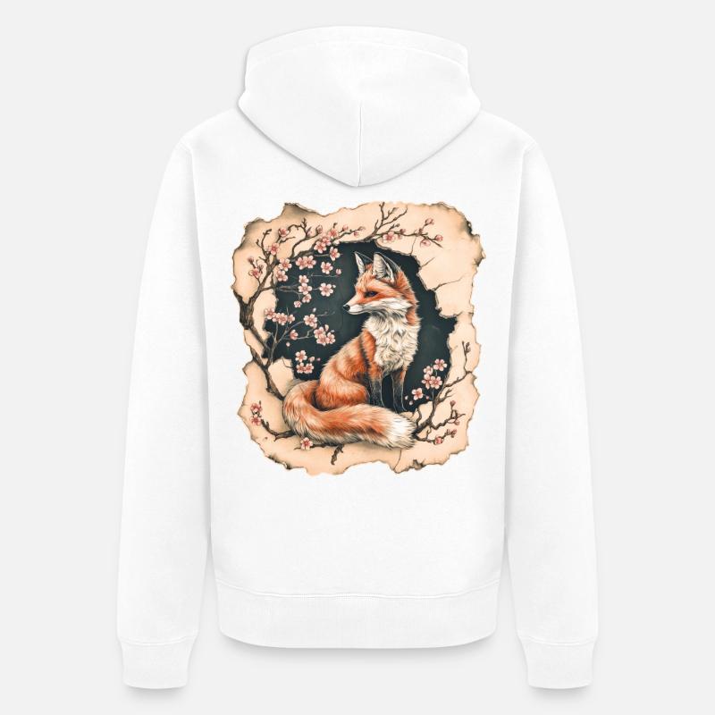 Fuchs mit Kirschblüten - Unisex Premium Bio Zip Hoodie - Weiß