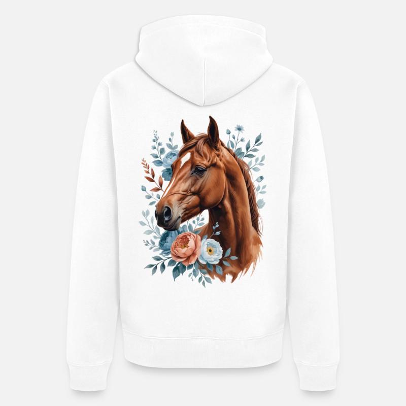 Cheval avec une couronne de fleurs - Veste à capuche bio Premium Unisexe - blanc