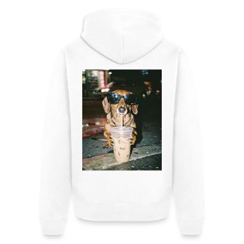Dackel trink Eiskaffee, Lustiges Dackel Foto - Unisex Premium Bio Zip Hoodie - Weiß - Hinten - Thijin (182cm)