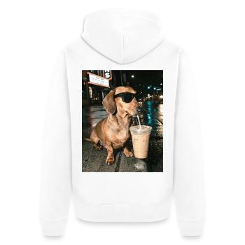 Dackel trink Eiskaffee, Lustiges Dackel Foto - Unisex Premium Bio Zip Hoodie - Weiß - Hinten - Thijin (182cm)