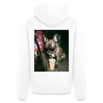 Französische Bulldogge trink Eiskaffee - Unisex Premium Bio Zip Hoodie - Weiß - Hinten - Thijin (182cm)