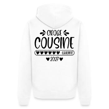 Große Cousine 2027 loading - Unisex Premium Bio Zip Hoodie - Weiß - Hinten - Thijin (182cm)