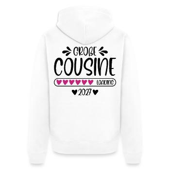 Große Cousine 2027 loading - Unisex Premium Bio Zip Hoodie - Weiß - Hinten - Thijin (182cm)