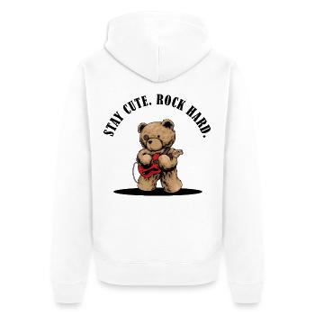 Stay Cute Rock Hard – Teddy mit E-Gitarre - Unisex Premium Bio Zip Hoodie - Weiß - Hinten - Thijin (182cm)