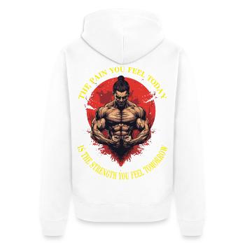 Schmerz-Stärke - Unisex Premium Bio Zip Hoodie - Weiß - Hinten - Thijin (182cm)
