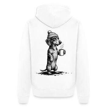 Vintage Dackel mit Kaffee & Mütze - Unisex Premium Bio Zip Hoodie - Weiß - Hinten - Thijin (182cm)
