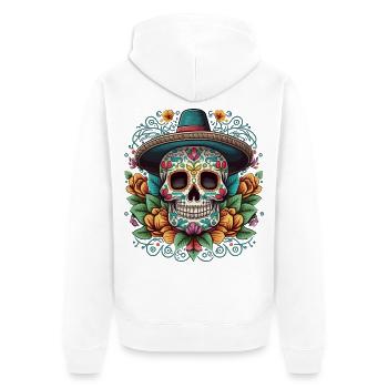 Sugar Skull with Hat and Floral Aztec - Unisex Premium Organic Zip Hoodie - white - Back - Thijin (182cm)