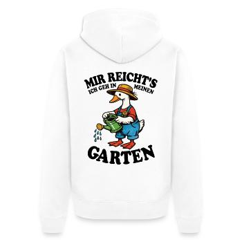 Mir reicht's | Garten Gans gießt glücklich - Unisex Premium Bio Zip Hoodie - Weiß - Hinten - Thijin (182cm)