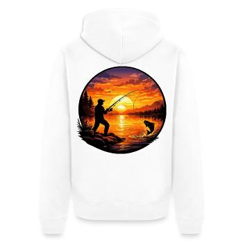 Angler Silhouette am See bei Sonnenuntergang - Unisex Premium Bio Zip Hoodie - Weiß - Hinten - Thijin (182cm)
