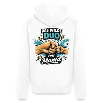 Das wilde Duo von Mama Mutter Kind Power Papa - Unisex Premium Bio Zip Hoodie - Weiß - Hinten - Thijin (182cm)