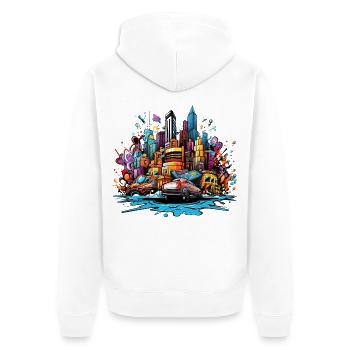 Silhouette urbaine colorée avec voitures - Veste à capuche bio Premium Unisexe - blanc - Dos - Thijin (182cm)