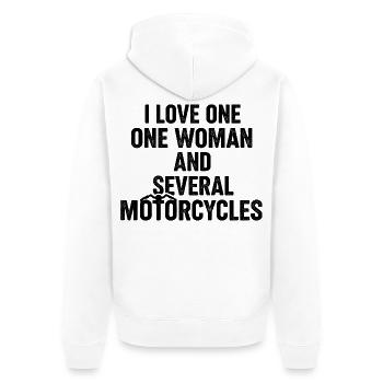 Eine Frau und mehrere Motorräder: Biker-Humor - Unisex Premium Bio Zip Hoodie - Weiß - Hinten - Thijin (182cm)