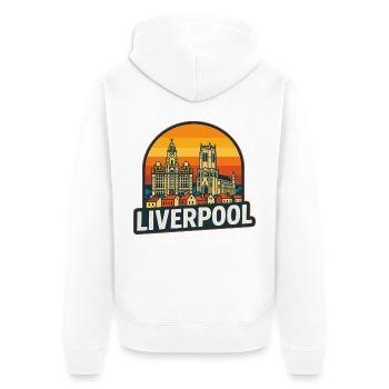 Vintage Liverpool Skyline Retro-Sonnenuntergangsdesign - Unisex Premium Bio Zip Hoodie - Weiß - Hinten - Thijin (182cm)