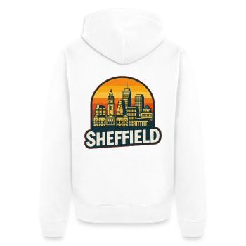 Sheffield Steel City Skyline Retro Sonnenuntergangskunst - Unisex Premium Bio Zip Hoodie - Weiß - Hinten - Thijin (182cm)